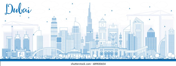 Outline Dubai UAE Skyline with Blue Buildings. Vector Illustration. Business Travel and Tourism Illustration with Modern Architecture. Image for Presentation Banner Placard and Web Site.