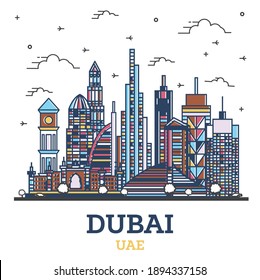 Outline Dubai United Arab Emirates (UAE) City Skyline with Modern Colored Buildings Isolated on White. Vector Illustration. Dubai Cityscape with Landmarks.