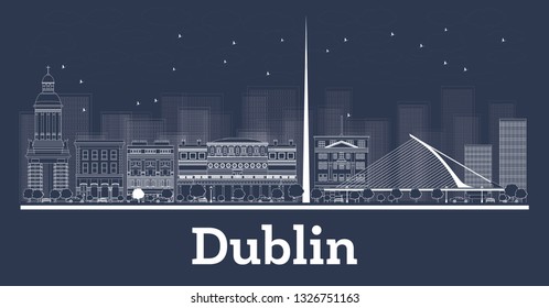 Outline Dublin Ireland City Skyline with White Buildings. Vector Illustration. Business Travel and Tourism Concept with Historic Architecture. Dublin Cityscape with Landmarks.