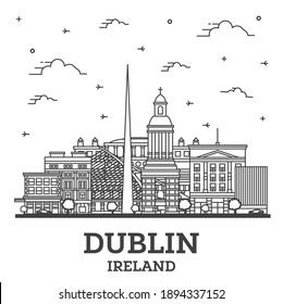 Outline Dublin Ireland City Skyline with Historic Buildings Isolated on White. Vector Illustration. Dublin Cityscape with Landmarks.