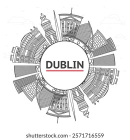 Outline Dublin Ireland City Skyline with Historic Buildings and copy space Isolated on White. Vector Illustration. Dublin Cityscape with Landmarks.