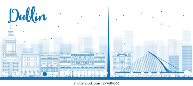 Outline Dublin Skyline with Blue Buildings, Ireland. Vector Illustration. Business travel and tourism concept with historic buildings. Image for presentation, banner, placard and web site.