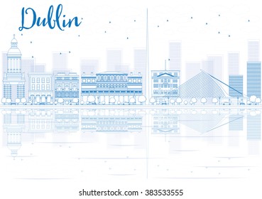 Outline Dublin skyline with blue buildings and reflections. Vector illustration. Business travel and tourism concept with place for text. Image for presentation, banner, placard and web site.