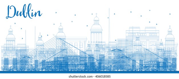 Outline Dublin Skyline with Blue Buildings. Vector Illustration. Business travel and tourism concept with historic buildings. Image for presentation, banner, placard and web site.