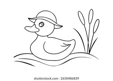 Contorno de um pato usando um chapéu na água com vetor de juncos