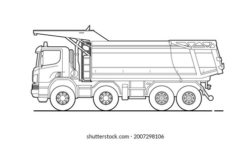 Outline Dump Truck Vector Illustration. Tipper Lorry Isolated Linear Drawing. Dumper For Coloring Book, Paint.