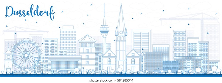 Outline Dusseldorf Skyline with Blue Buildings. Vector Illustration. Business Travel and Tourism Concept with Historic Architecture. Image for Presentation Banner Placard and Web Site.