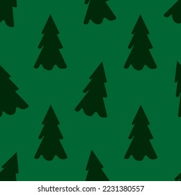 Outline eamless pattern with christmas tree on green background. Wrapping paper with pine. New year ornament. Wallpaper or fabric print.