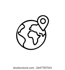 Outline Earth globe with location pin icon on background simple handdrawn world