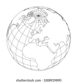 Outline Earth globe with map of World focused on Europe. Vector illustration.