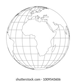 Outline Earth globe with map of World focused on Africa. Vector illustration.