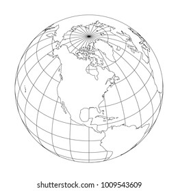 Outline Earth globe with map of World focused on North America. Vector illustration.