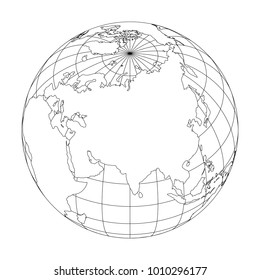 Outline Earth Globe With Map Of World Focused On Asia. Vector Illustration.