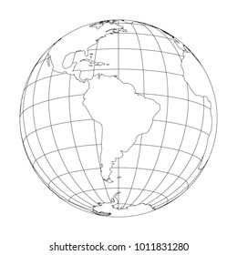 Outline Earth globe with map of World focused on South America. Vector illustration.