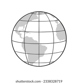 Esbozo del Globe terrestre con mapa del mundo, paralelos y meridianos. Ilustración vectorial aislada.