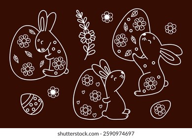 Outline Easter Bunnies With Paschal Eggs Doodles. Spring Holiday Collection. Isolated Vector Line Hand-drawn illustrations for festive decor and design