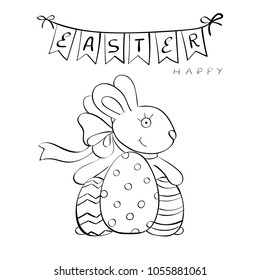 Outline an Easter bunny rabbit with of Easter eggs on. Hand drawn doodle cartoon vector illustration