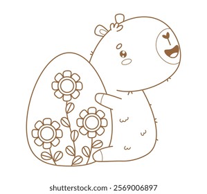 Outline Easter Capybara with big paschal egg. Holiday Happy cartoon kawaii character animal. Vector illustration. Line drawing, coloring book. Vector illustration. Kids collection