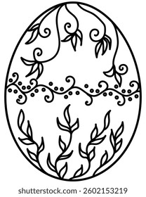 Outline Easter egg with curled doodle plants, coloring page vector illustration for holiday creativity or design