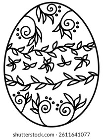 Outline Easter egg with fantasy doodle plants, coloring page vector illustration for holiday creativity or design