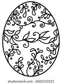 Outline Easter egg with floral doodle patterns, coloring page vector illustration for holiday creativity or design