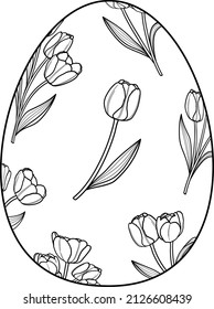 Outline Easter Egg With Flower Pattern. Happy Easter Day. Vector Illustration