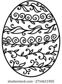 Huevo de Pascua con la planta Horizontal y los remolinos espirales, Ilustración vectorial de la página para colorear para la creatividad o el diseño de vacaciones