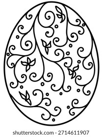 Outline Easter egg with swirls and bunches of leaves, coloring page vector illustration for holiday creativity or design