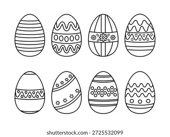 Outline Easter Eggs Collection with Ornamental Patterns, Black and White Line Art Illustration