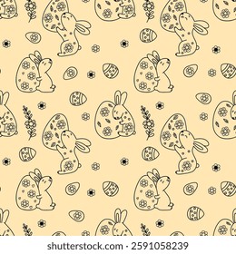 Outline Easter Seamless pattern. Cute paschal bunny with decorative Egg on yellow background. Holiday Vector illustration in linear drawing doodle style. Kids collection