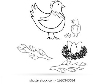 outline easter set isolated on white, sketch coloring, nest, newborn chick in shell of egg, willow, kids hand drawing art line, sticker vector stock illustration