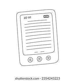 Outline e-book screen with buttons and charge level. A hand-drawn pocket book. Black and white vector illustration isolated on a white background