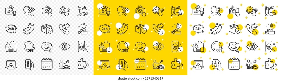 Outline Eco bike, 360 degrees and Sausage line icons pack for web with Share call, Fast food, Calendar line icon. Yummy smile, Online question, Vip certificate pictogram icon. Juice. Vector