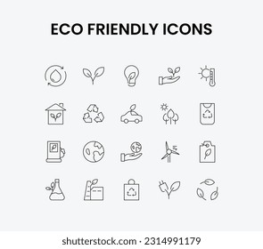 Outline Eco Friendly and Ecology Icons Set. Includes recycle, earth, renewable, electricity, and more icons. Simple Vector Illustration.