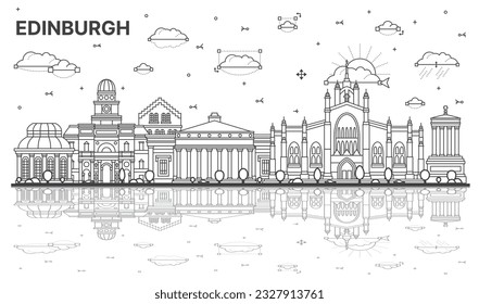 Outline Edinburgh Scotland City Skyline with Modern, Historic Buildings and Reflections Isolated on White. Vector Illustration. Edinburgh Cityscape with Landmarks.