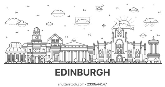 Outline Edinburgh Scotland City Skyline with Modern and Historic Buildings Isolated on White. Vector Illustration. Edinburgh Cityscape with Landmarks.