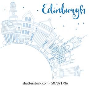 Outline Edinburgh Skyline with Blue Buildings and Copy Space. Vector Illustration. Business Travel and Tourism Concept with Historic Architecture. Image for Presentation Banner Placard and Web Site.