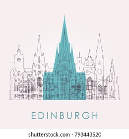 Outline Edinburgh skyline with landmarks. Vector illustration. Business travel and tourism concept with historic buildings. Image for presentation, banner, placard and web site.