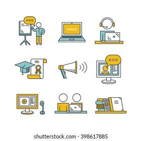 Outline Education Icon Set. Online Education Concept. Man Watching Or Holding Online Webinar, Computer And Webcam,  Viewers, Online Translation, Books, Graduate Cap And Charter. Distance Education.