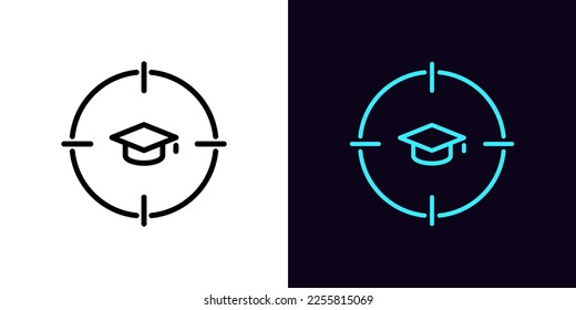 Outline education target icon, with editable stroke. Aim frame with academic hat sign, knowledge priority pictogram. Business learning, higher education, MBA, focus on study. Vector icon for Animation