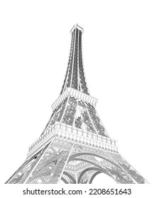 Esbozo de la Torre Eiffel a partir de líneas negras aisladas en un fondo blanco. Torre detallada. Vista inferior. 3 D. Ilustración vectorial.