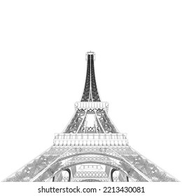 Outline of the Eiffel Tower from black lines isolated on a white background. Detailed tower. Bottom view. 3D. Vector illustration.