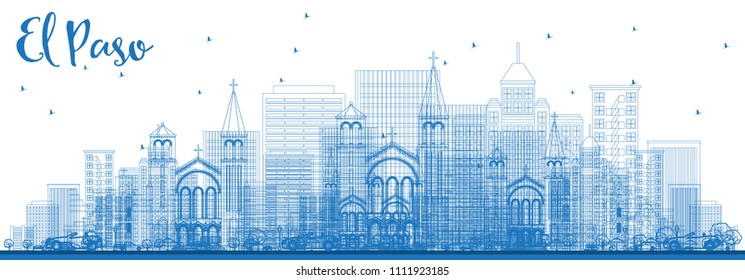 Outline El Paso Skyline with Blue Buildings. Vector Illustration. Business Travel and Tourism Concept with Modern Architecture. Image for Presentation Banner Placard and Web Site.