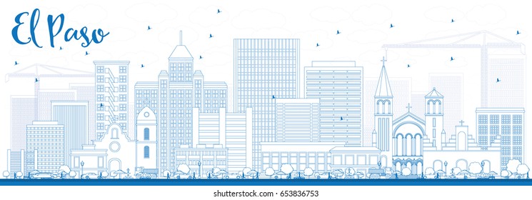 Outline El Paso Skyline with Blue Buildings. Vector Illustration. Business Travel and Tourism Concept with Modern Architecture. Image for Presentation Banner Placard and Web Site.