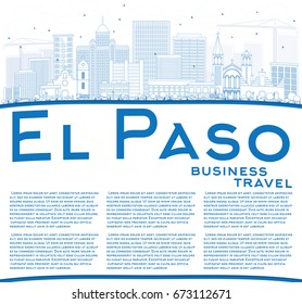 Umrissen El Paso Skyline mit blauen Gebäuden und Kopienraum. Vektorgrafik. Business Travel and Tourism Konzept mit moderner Architektur. Bild für Präsentationsbanner-Platzierung und Website.