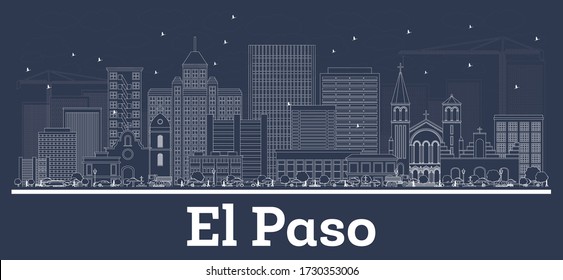 Outline El Paso Texas USA City Skyline with White Buildings. Vector Illustration. Business Travel and Tourism Concept with Modern Architecture. El Paso Cityscape with Landmarks.