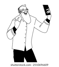 Video Esbozo, anciano rockero con barba hablando en una llamada. Ilustración vectorial
