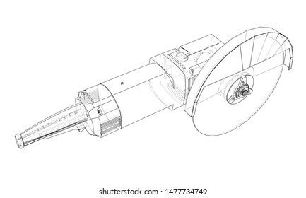 Outline electric angle grinder. Vector image rendered from 3d model in sketch style or drawing. Blue background