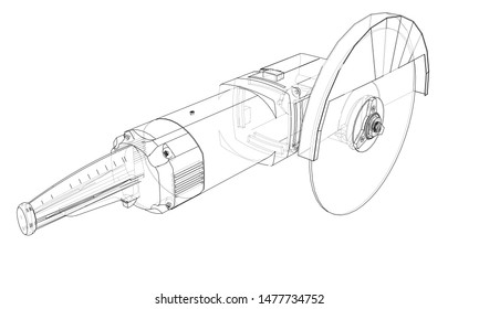 Outline electric angle grinder. Vector image rendered from 3d model in sketch style or drawing. Blue background
