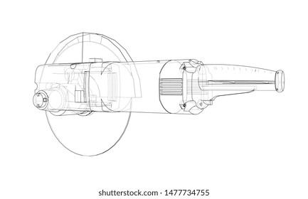 Outline electric angle grinder. Vector image rendered from 3d model in sketch style or drawing. Blue background